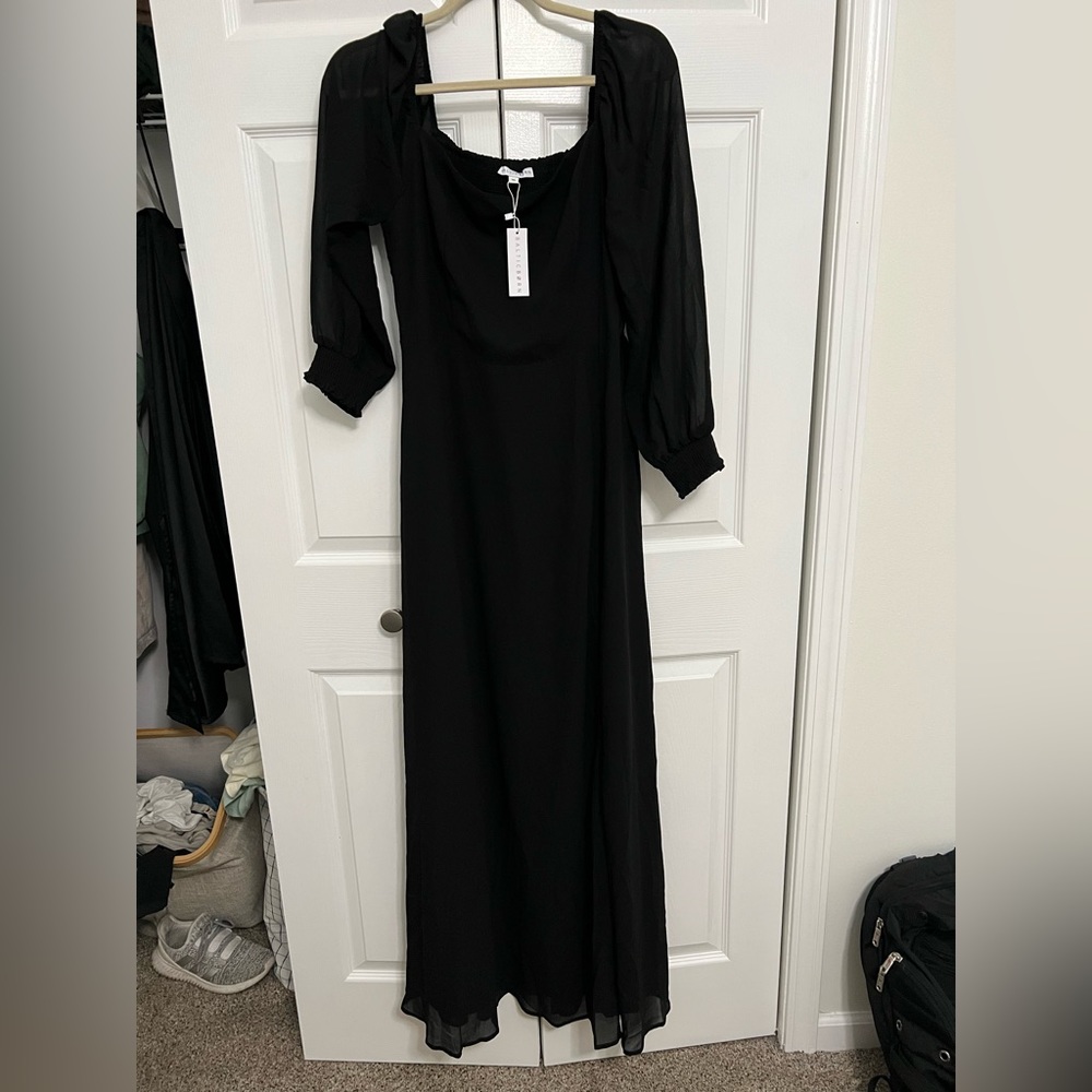 Black chiffon full length bridesmaid dress.